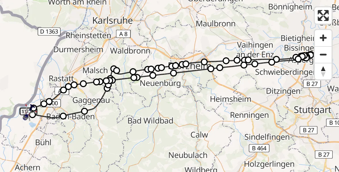 Flugroute Polizeihubschrauber Karlsruhe Baden-Baden Flughafen - Karlsruhe Baden-Baden Flughafen, 10 August 2026, 13:09
