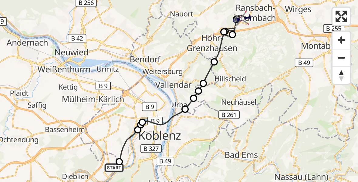 Flugroute Polizeihubschrauber Koblenz-Winningen Flugplatz - Ransbach-Baumbach, 10 August 2026, 13:12