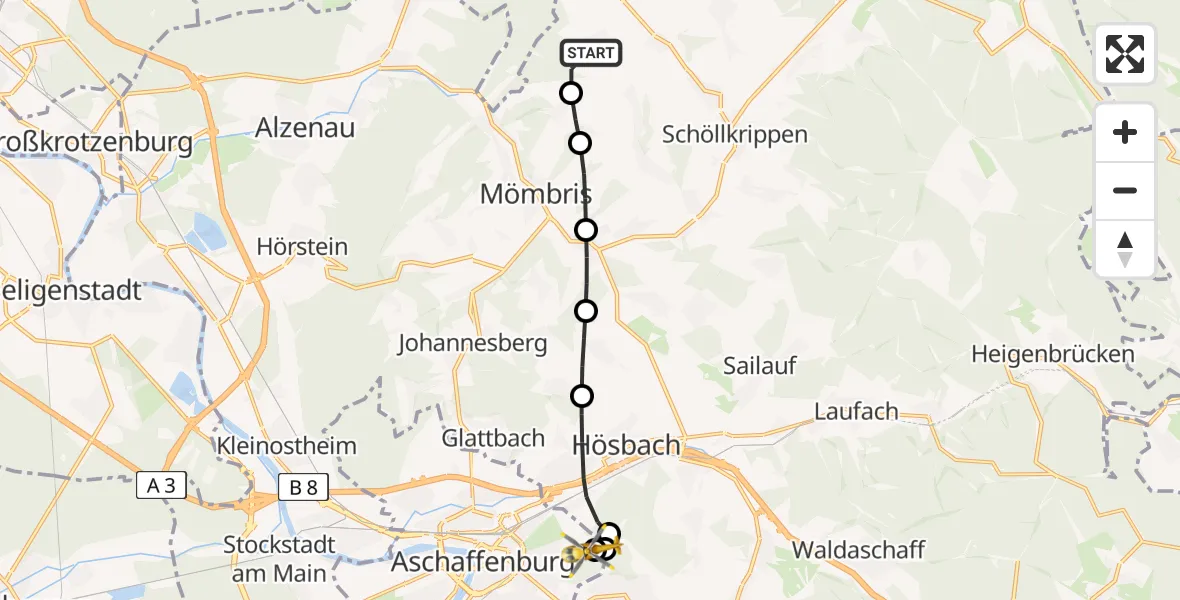 Flugroute Rettungshubschrauber Geiselbach - Aschaffenburg Hospital, 10 August 2026, 13:14