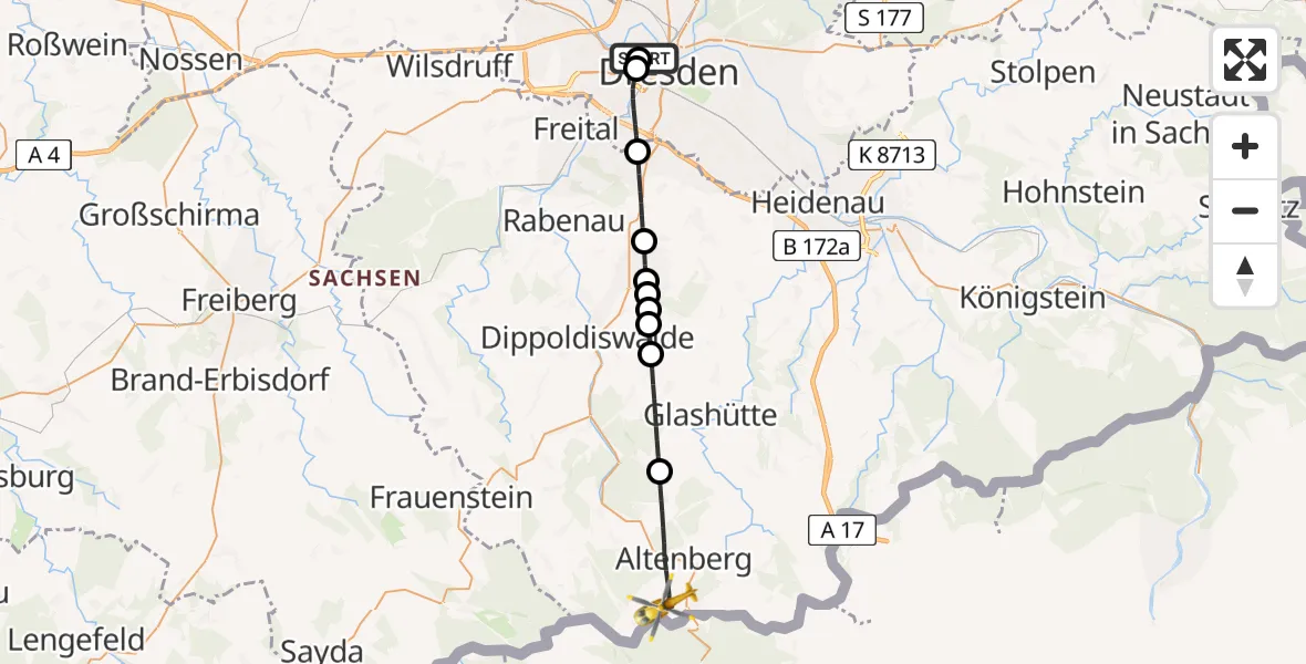 Flugroute Rettungshubschrauber Dresden Friedrichstadt Hospital - Altenberg, 10 August 2026, 13:14