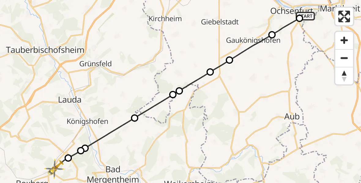 Flugroute Rettungshubschrauber Ochsenfurt Hospital - Boxberg, 10 August 2026, 13:15