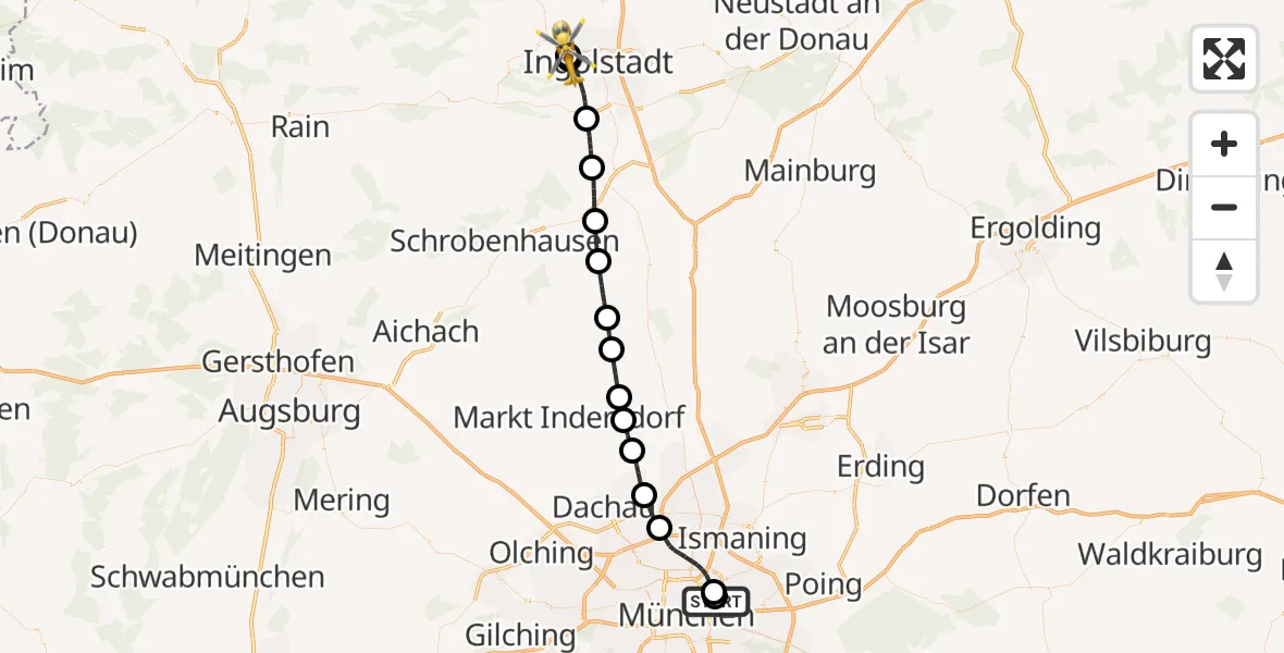 Flugroute Rettungshubschrauber München Bogenhausen Hospital - Ingolstadt Hospital, 10 August 2026, 13:18