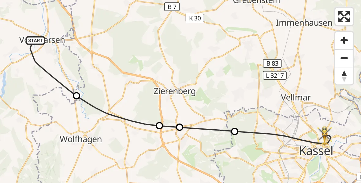 Flugroute Rettungshubschrauber Volkmarsen - Kassel, 10 August 2026, 13:18