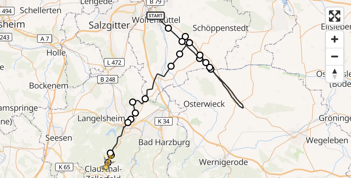 Flugroute Rettungshubschrauber Wolfenbüttel - Clausthal-Zellerfeld, 10 August 2026, 13:18