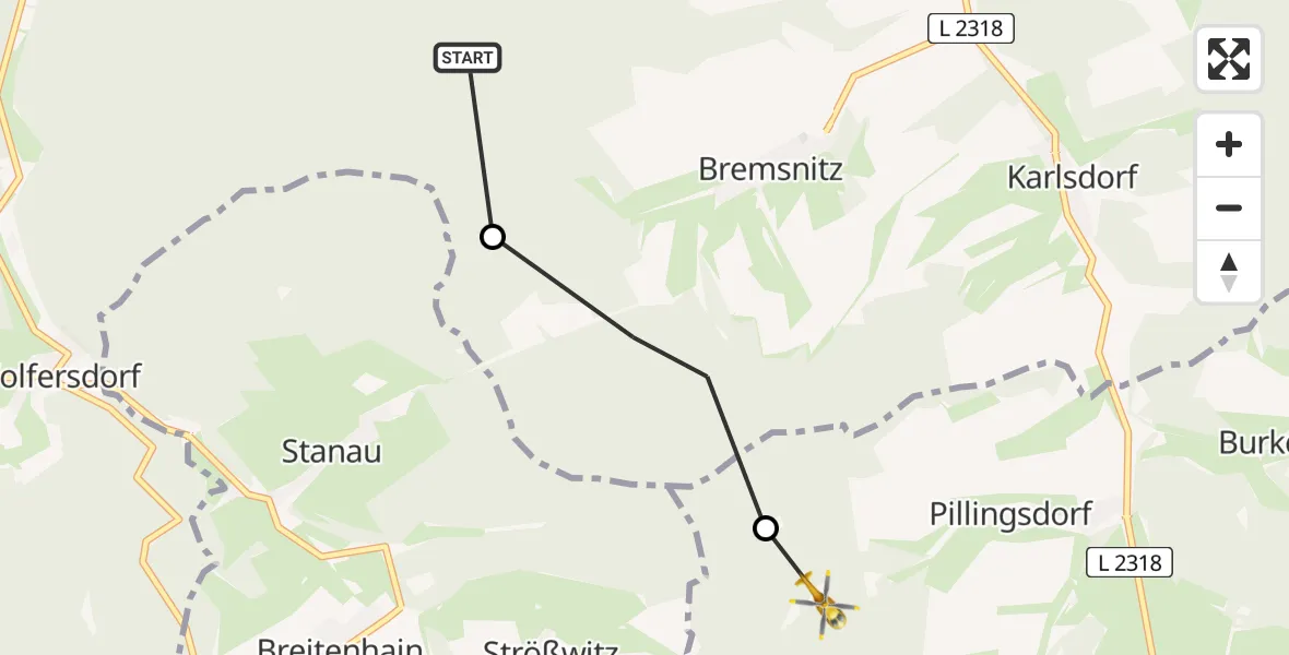 Flugroute Rettungshubschrauber Meusebach - Triptis, 10 August 2026, 13:20