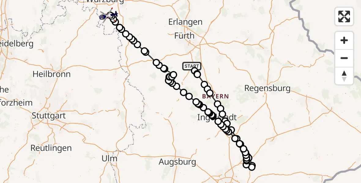 Flugroute Polizeihubschrauber Roth - Gaukönigshofen, 10 August 2026, 13:28