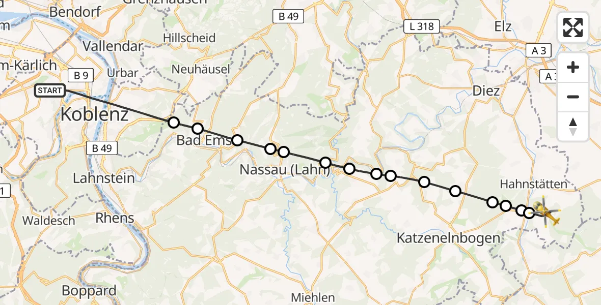 Flugroute Rettungshubschrauber Koblenz - Burgschwalbach, 10 August 2026, 13:28