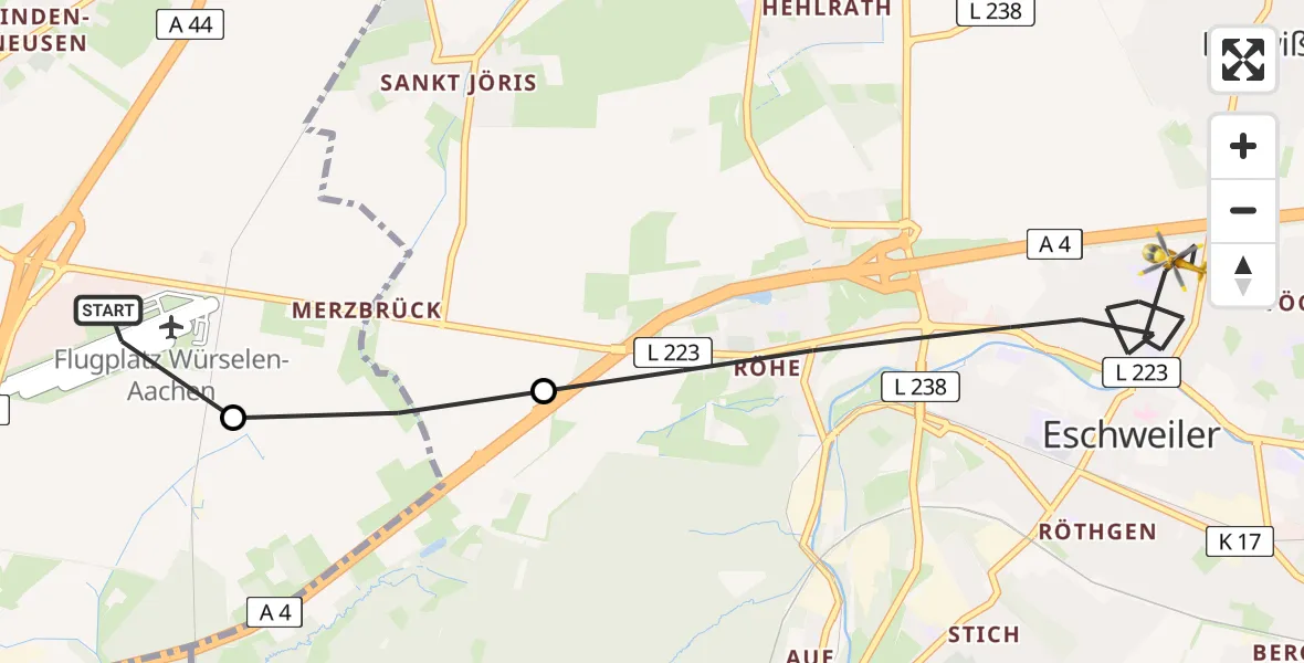 Flugroute Rettungshubschrauber Aachen-Merzbrück Flughafen - Eschweiler, 10 August 2026, 13:31