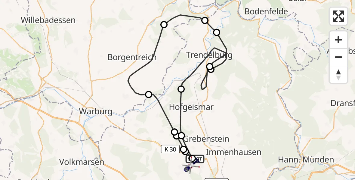 Flugroute Polizeihubschrauber Kassel Flughafen - Calden, 10 August 2026, 13:34