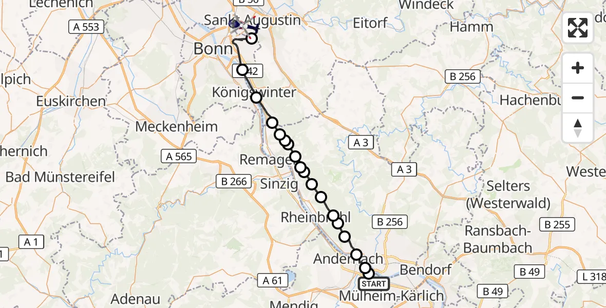 Flugroute Polizeihubschrauber Kettig - Sankt Augustin, 10 August 2026, 13:39
