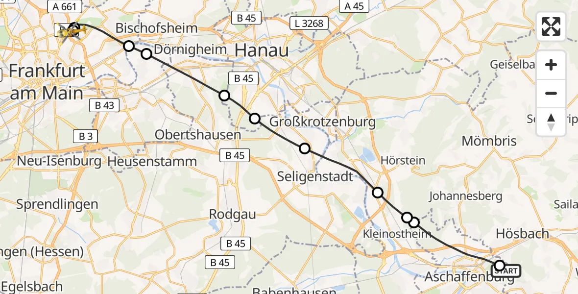 Flugroute Rettungshubschrauber Aschaffenburg Hospital - Frankfurt am Main Accident Hospital Roof Helipad (CHX2), 10 August 2026, 13:43