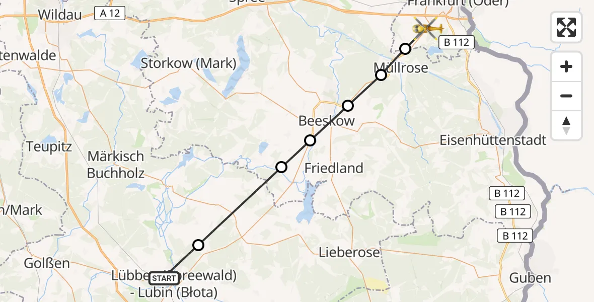 Flugroute Rettungshubschrauber Lübben (Spreewald) - Frankfurt (Oder), 10 August 2026, 13:44
