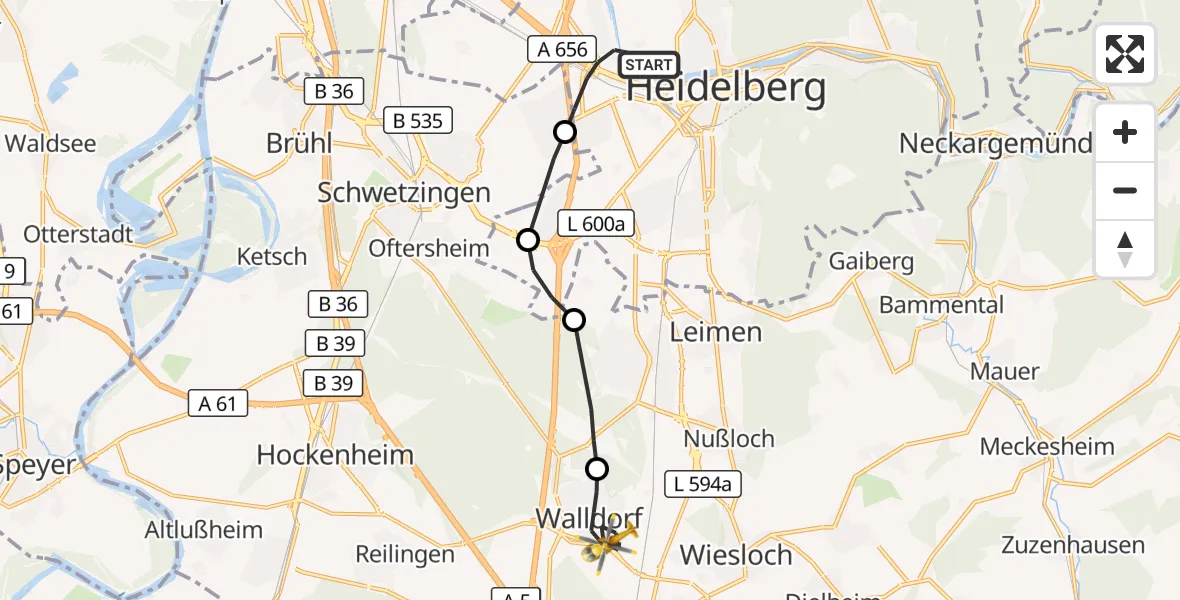 Flugroute Ambulanzhubschrauber Heidelberg - Walldorf, 10 August 2026, 13:45