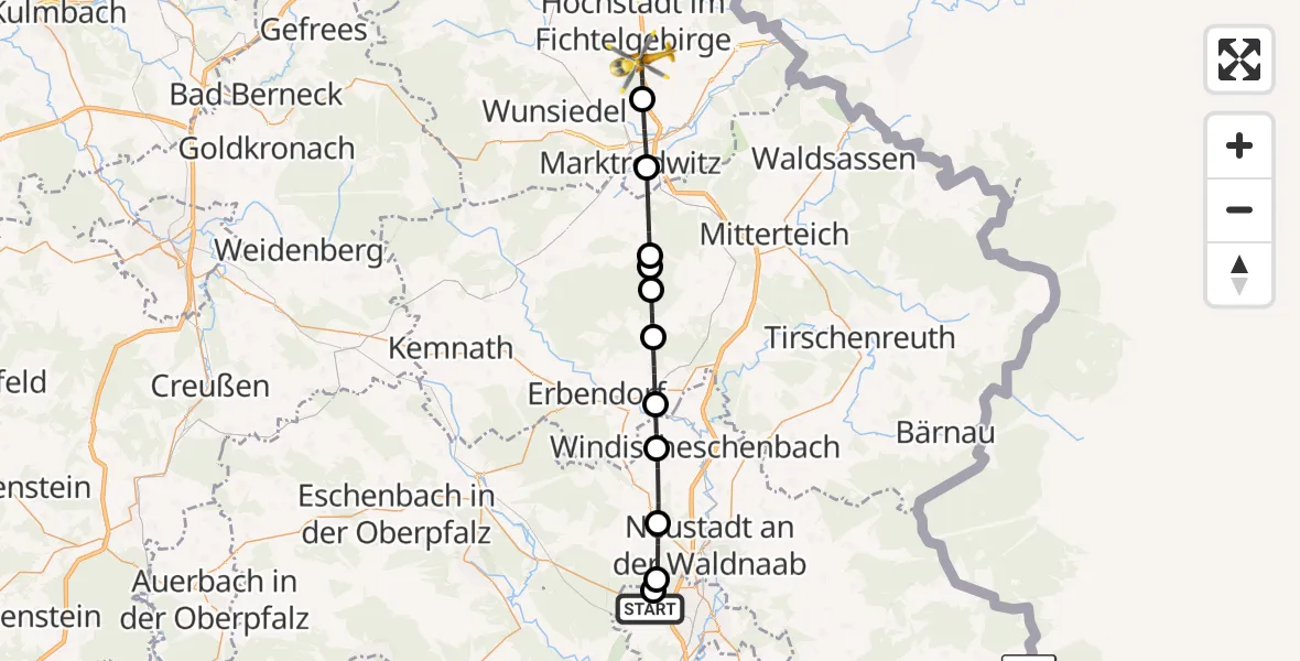 Flugroute Ambulanzhubschrauber Weiden i.d.OPf. - Thiersheim, 10 August 2026, 13:45