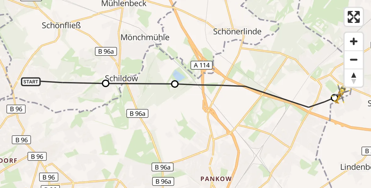Flugroute Rettungshubschrauber Glienicke/Nordbahn - Helios Clinic Berlin-Buch, 10 August 2026, 13:47