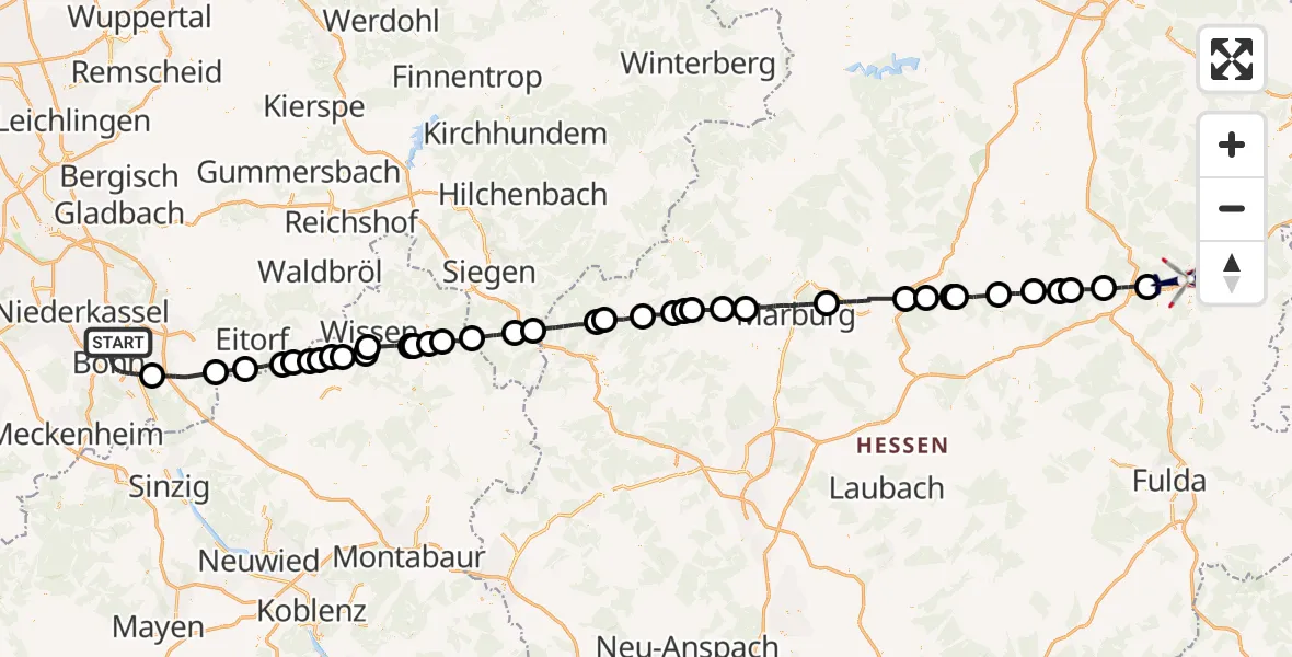 Flugroute Polizeihubschrauber Bonn - Bad Hersfeld, 10 August 2026, 13:48