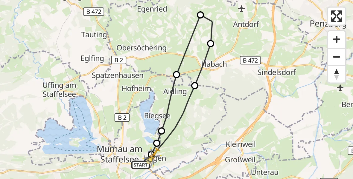 Flugroute Rettungshubschrauber Murnau Accident Hospital - Riegsee, 10 August 2026, 13:51