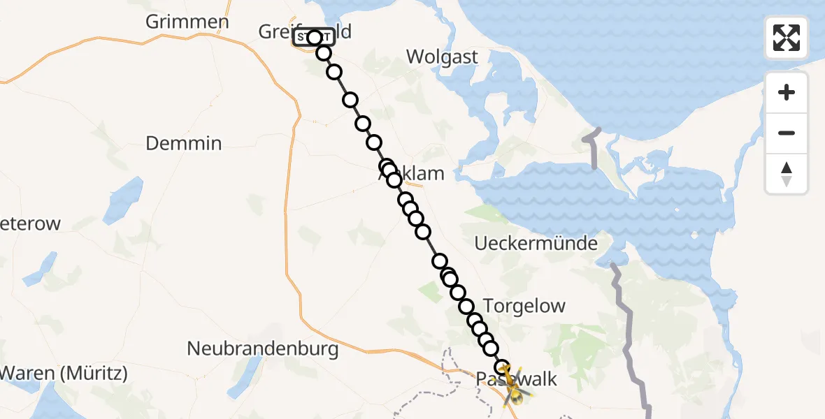 Flugroute Rettungshubschrauber Greifswald Hospital - Pasewalk, 10 August 2026, 13:52