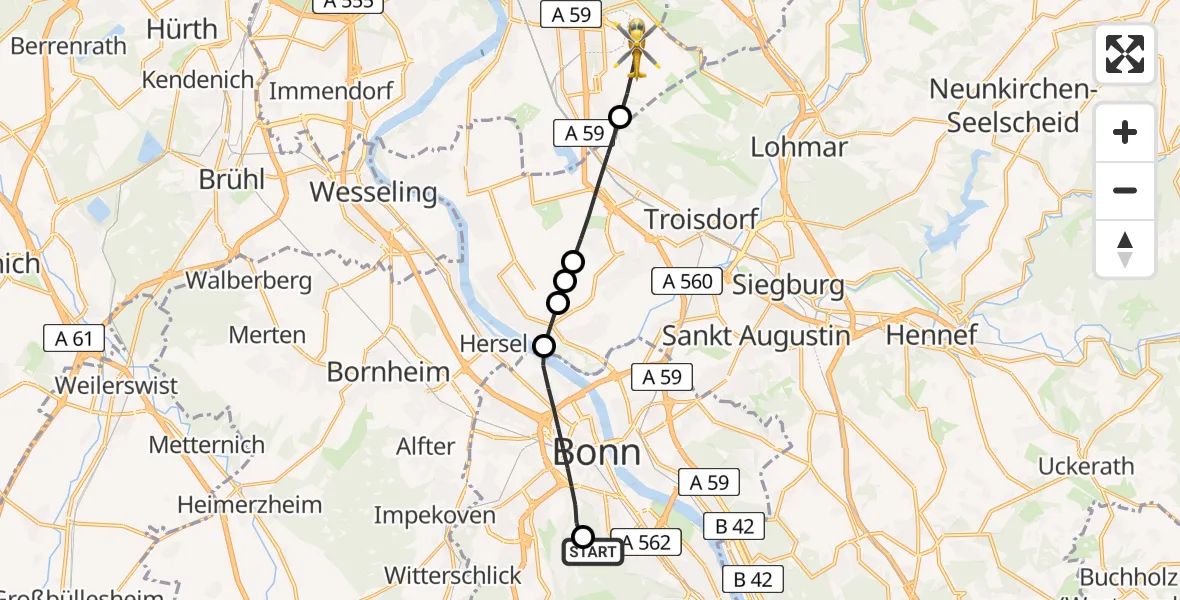 Flugroute Ambulanzhubschrauber Bonn University Hospital - Köln Bonn Flughafen, 10 August 2026, 13:58