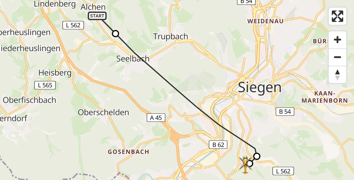 Flugroute Rettungshubschrauber Freudenberg - Evangelisches Jung-Stilling Hospital, 10 August 2026, 13:58