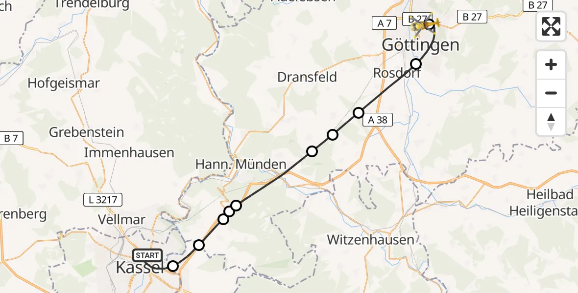 Flugroute Rettungshubschrauber Kassel - Göttingen University Clinic Hubschrauberlandeplatz, 10 August 2026, 14:02