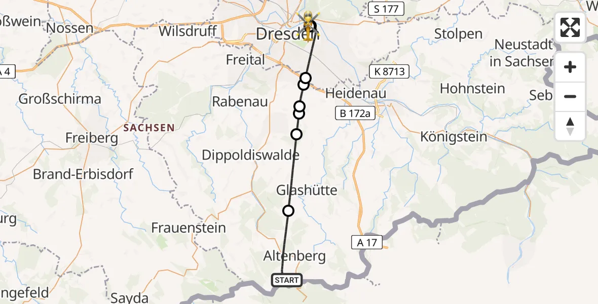 Flugroute Rettungshubschrauber Altenberg - Dresden University Hospital, 10 August 2026, 14:04