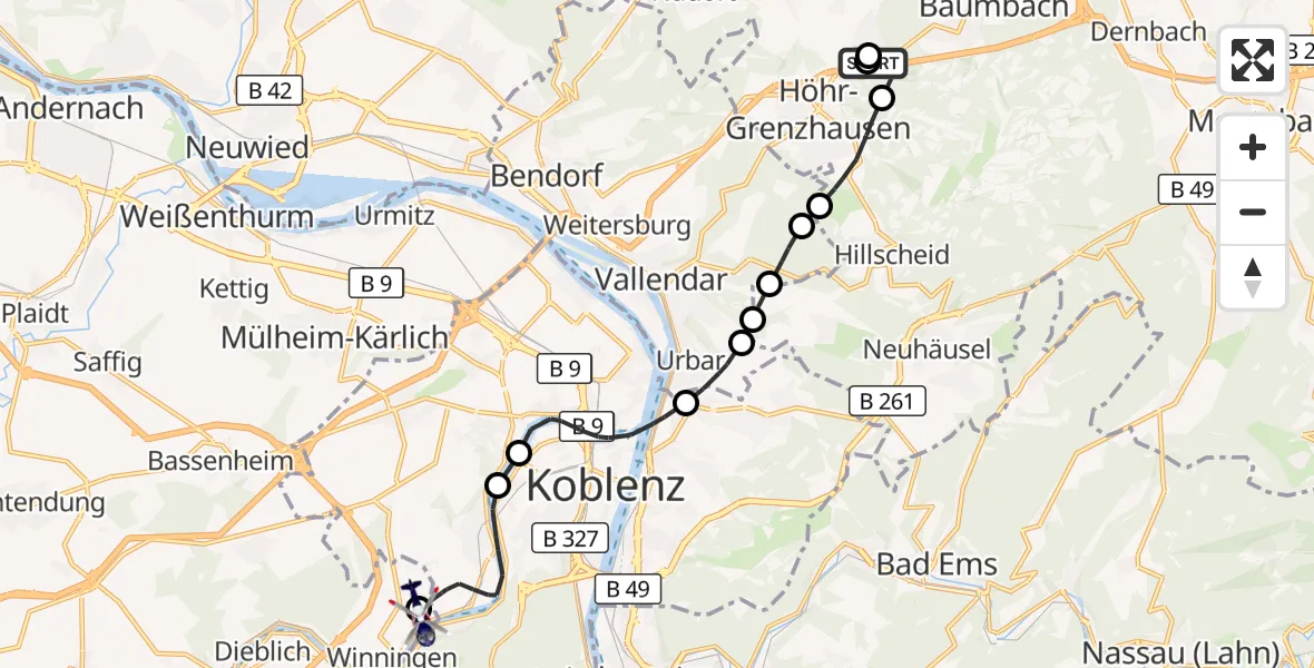 Flugroute Polizeihubschrauber Hilgert - Koblenz-Winningen Flugplatz, 10 August 2026, 14:18