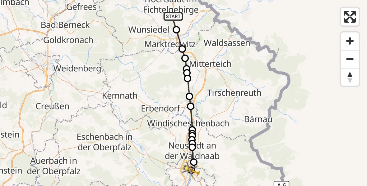 Flugroute Ambulanzhubschrauber Thiersheim - Weiden Hospital, 10 August 2026, 14:21