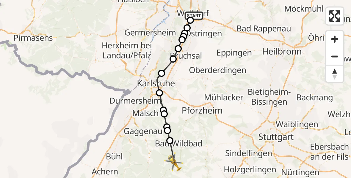 Flugroute Ambulanzhubschrauber Walldorf - Bad Wildbad, 10 August 2026, 14:22