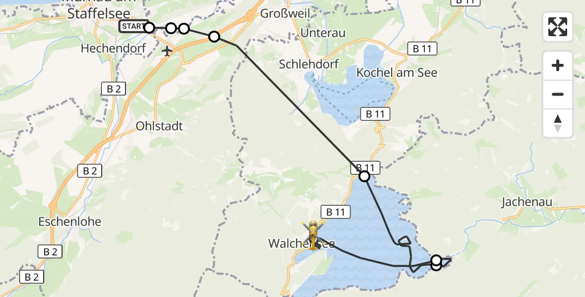Flugroute Rettungshubschrauber Murnau Accident Hospital - Kochel a.See, 10 August 2026, 14:24