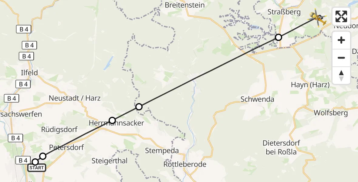 Flugroute Rettungshubschrauber Südharz Hospital Nordhausen - Harzgerode, 10 August 2026, 14:24
