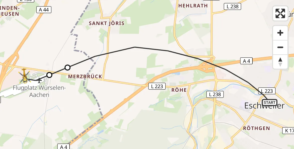 Flugroute Rettungshubschrauber Eschweiler - Aachen-Merzbrück Flughafen, 10 August 2026, 14:27