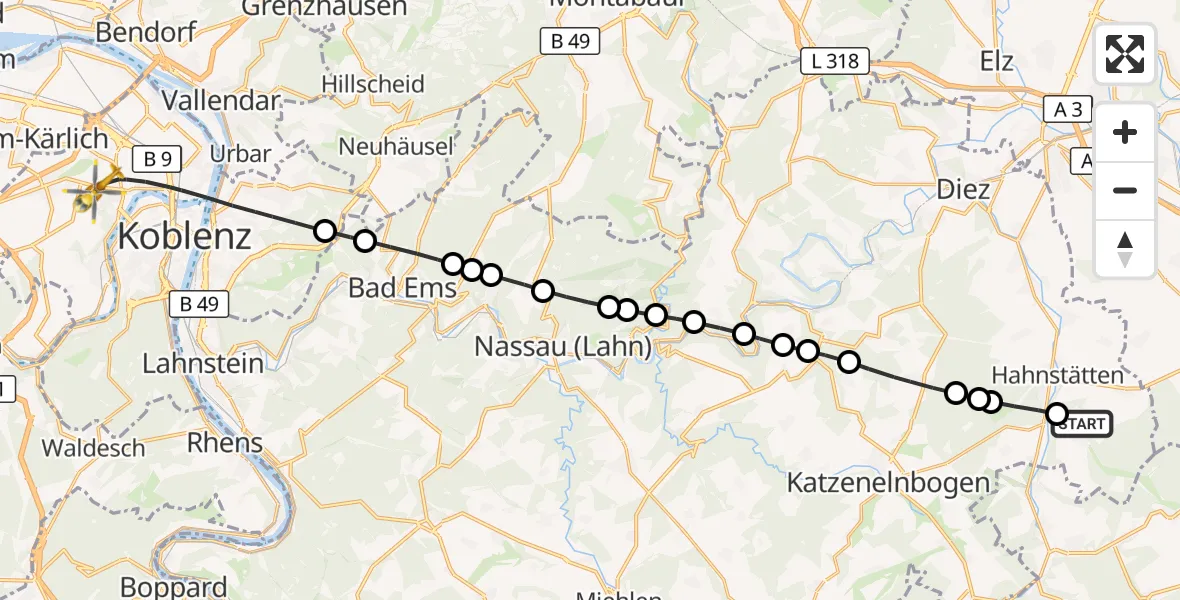 Flugroute Rettungshubschrauber Burgschwalbach - Koblenz, 10 August 2026, 14:28