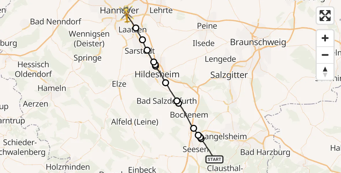 Flugroute Rettungshubschrauber Harz (Landkreis Goslar) - Hannover, 10 August 2026, 14:37
