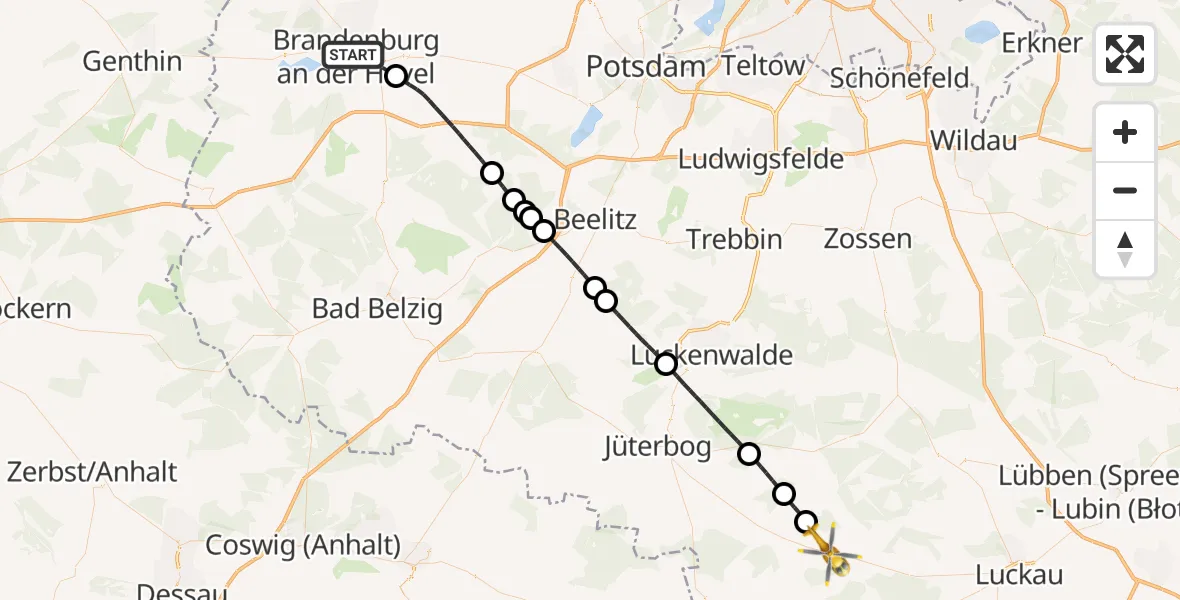 Flugroute Rettungshubschrauber Brandenburg an der Havel - Ihlow, 10 August 2026, 14:43