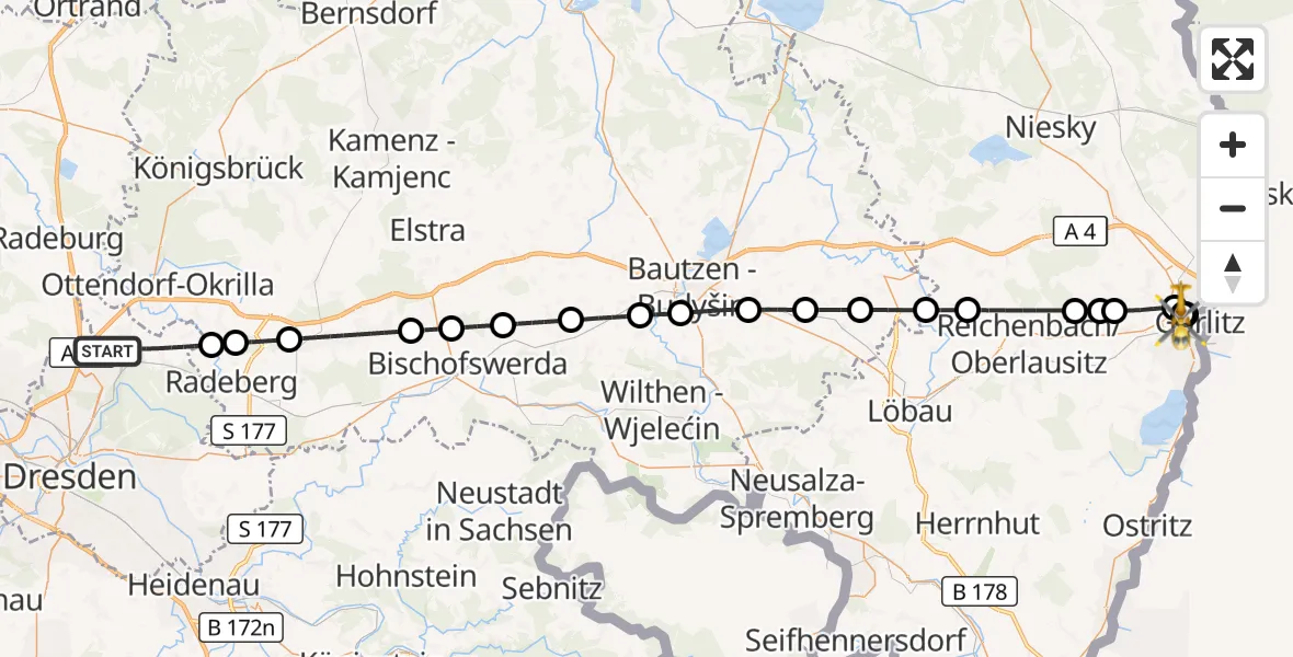 Flugroute Rettungshubschrauber Dresden - Görlitz Hospital, 10 August 2026, 14:55