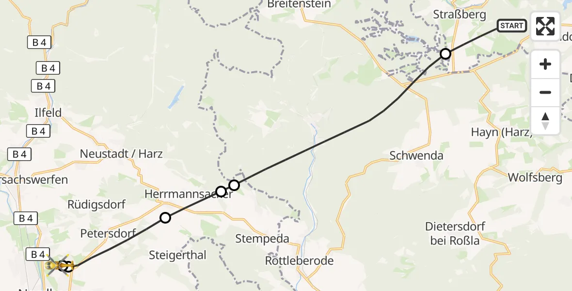 Flugroute Rettungshubschrauber Harzgerode - Südharz Hospital Nordhausen, 10 August 2026, 14:59