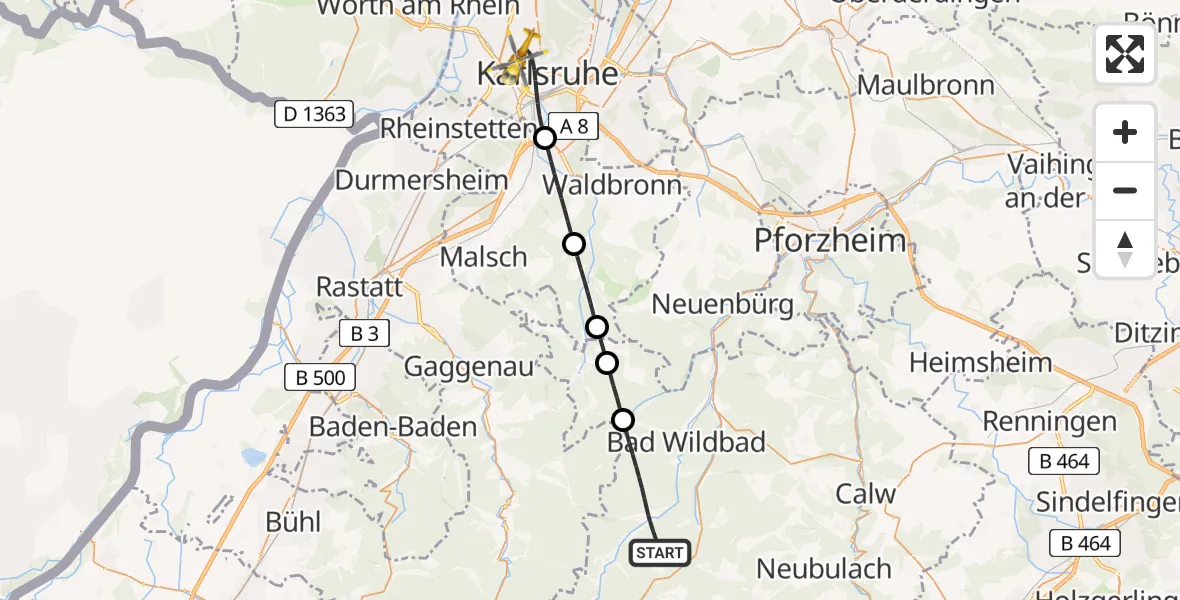 Flugroute Ambulanzhubschrauber Bad Wildbad - Karlsruhe, 10 August 2026, 15:01