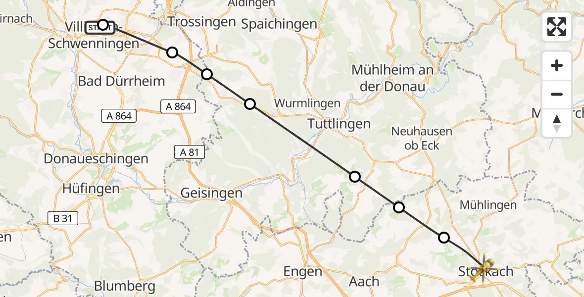 Flugroute Ambulanzhubschrauber DRF Air Rescue Station Villingen-Schwenningen Hubschrauberlandeplatz (Christoph 11) - Stockach, 10 August 2026, 15:08