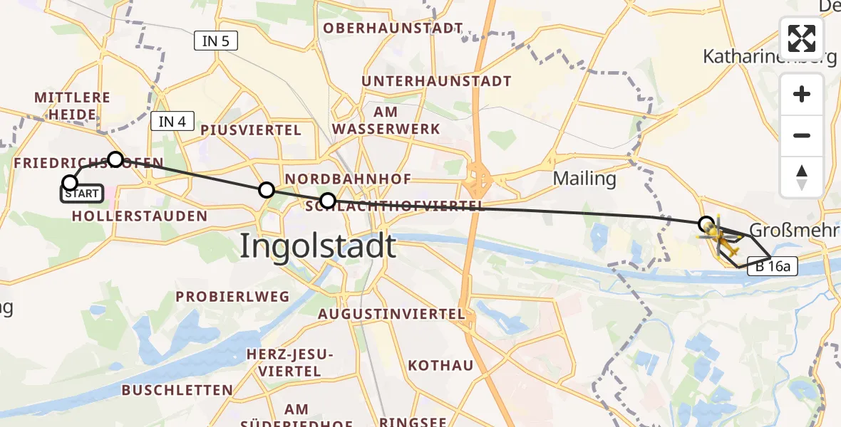 Flugroute Rettungshubschrauber Ingolstadt Hospital - Großmehring, 10 August 2026, 15:11
