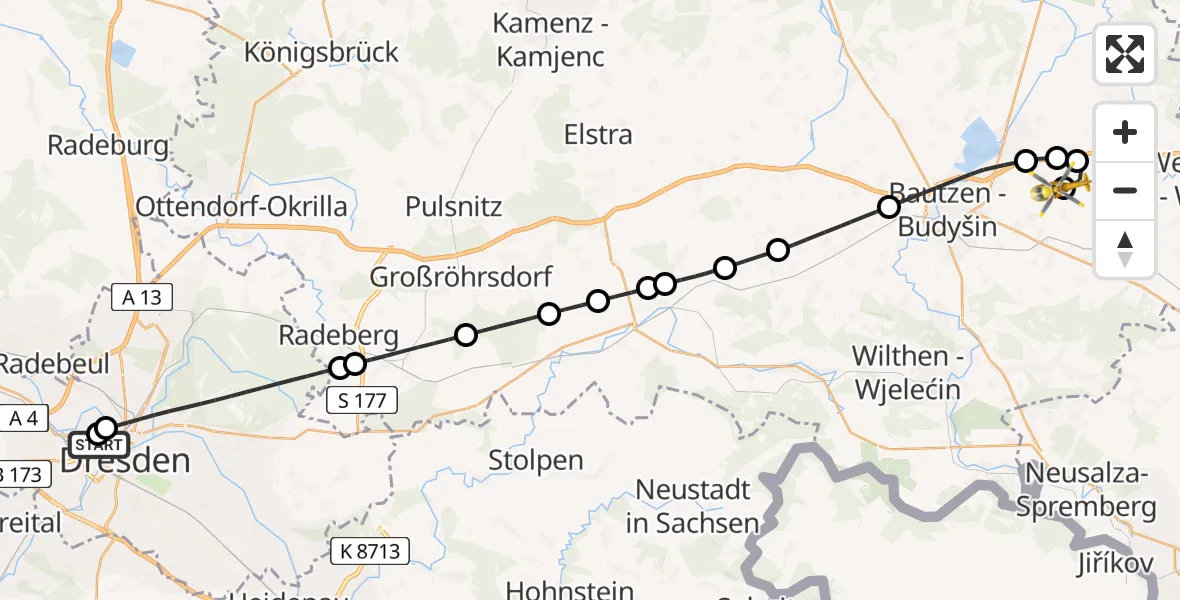 Flugroute Rettungshubschrauber Dresden Friedrichstadt Hospital - Bautzen Flugplatz, 10 August 2026, 15:14