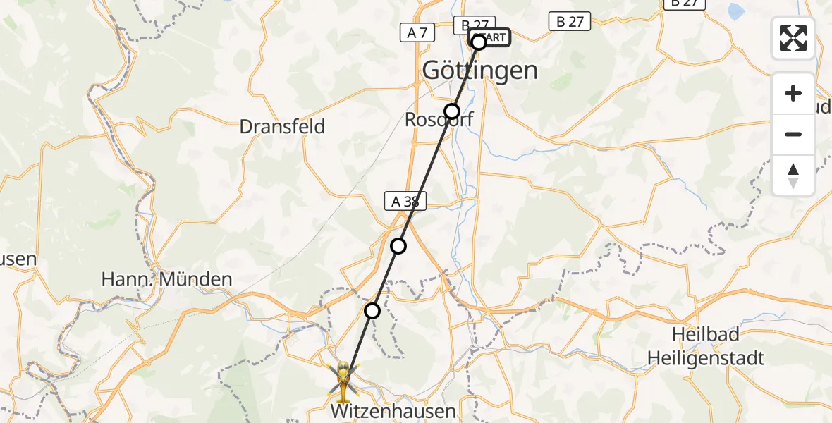 Flugroute Rettungshubschrauber Göttingen University Clinic Hubschrauberlandeplatz - Witzenhausen, 10 August 2026, 15:20