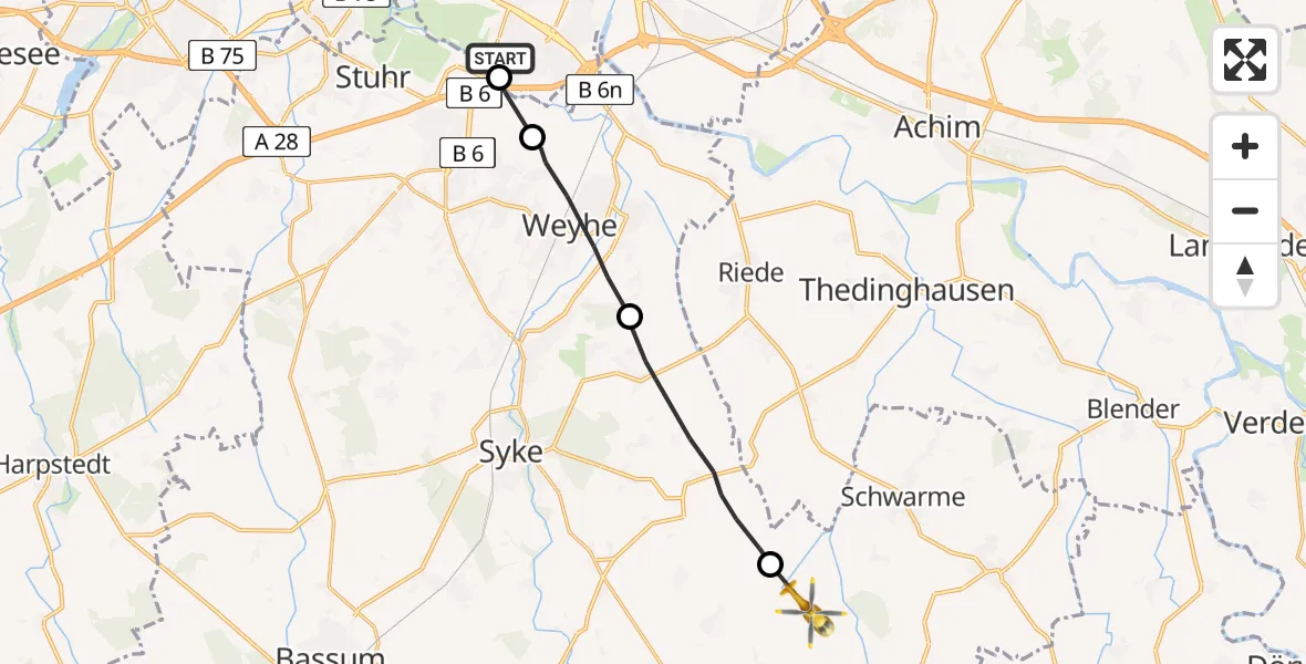 Flugroute Rettungshubschrauber ADAC Air Rescue Station Bremen Hubschrauberlandeplatz (Christoph 6) - Bruchhausen-Vilsen, 10 August 2026, 15:20