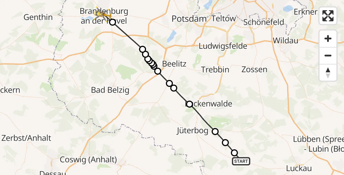 Flugroute Rettungshubschrauber Ihlow - Brandenburg an der Havel, 10 August 2026, 15:22