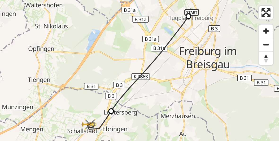 Flugroute Ambulanzhubschrauber Freiburg im Breisgau Flugplatz - Schallstadt, 10 August 2026, 15:29
