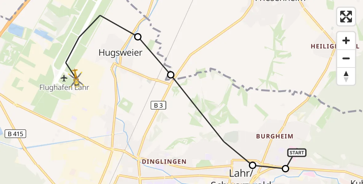 Flugroute Rettungshubschrauber Ortenau Hospital Lahr-Ettenheim - Lahr Flughafen, 10 August 2026, 15:29