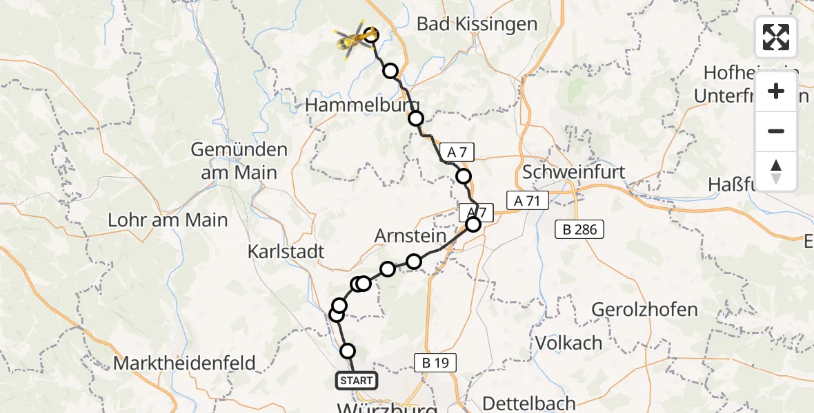 Flugroute Rettungshubschrauber Veitshöchheim - Oberthulba, 10 August 2026, 15:30