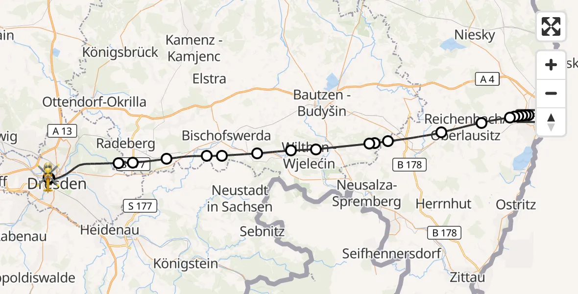 Flugroute Rettungshubschrauber Görlitz Hospital - Dresden Friedrichstadt Hospital, 10 August 2026, 15:35
