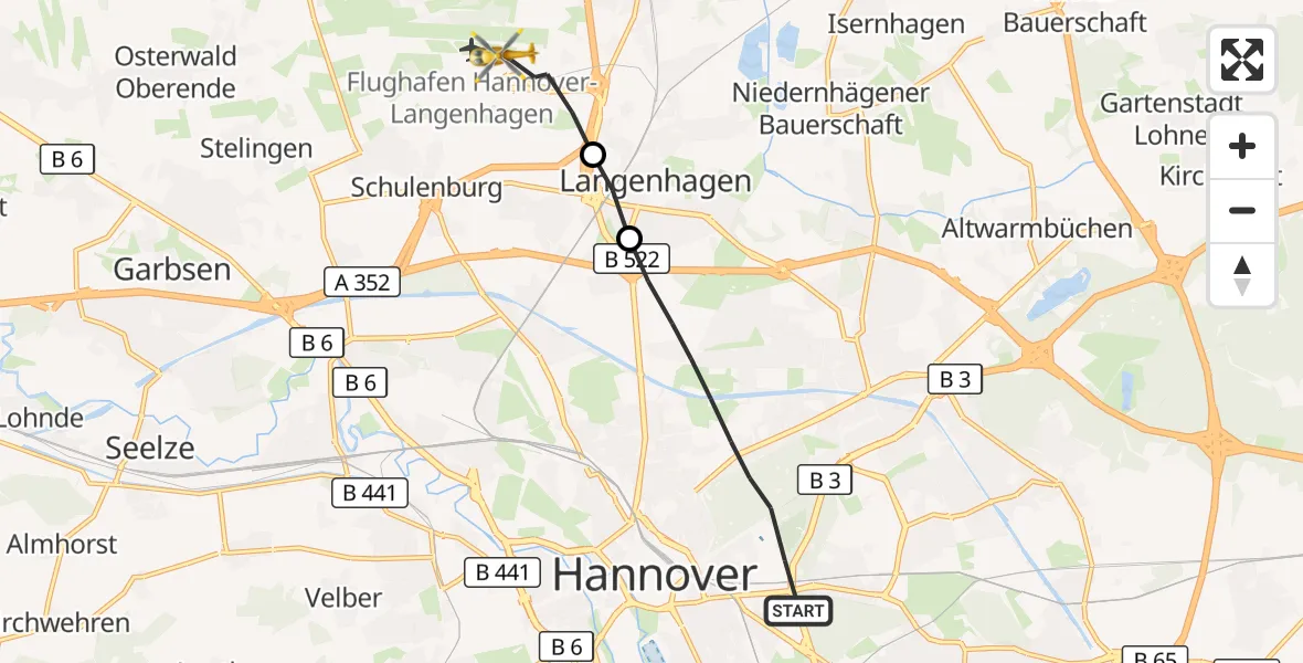 Flugroute Rettungshubschrauber Hannover - Flughafen Hannover, 10 August 2026, 15:36