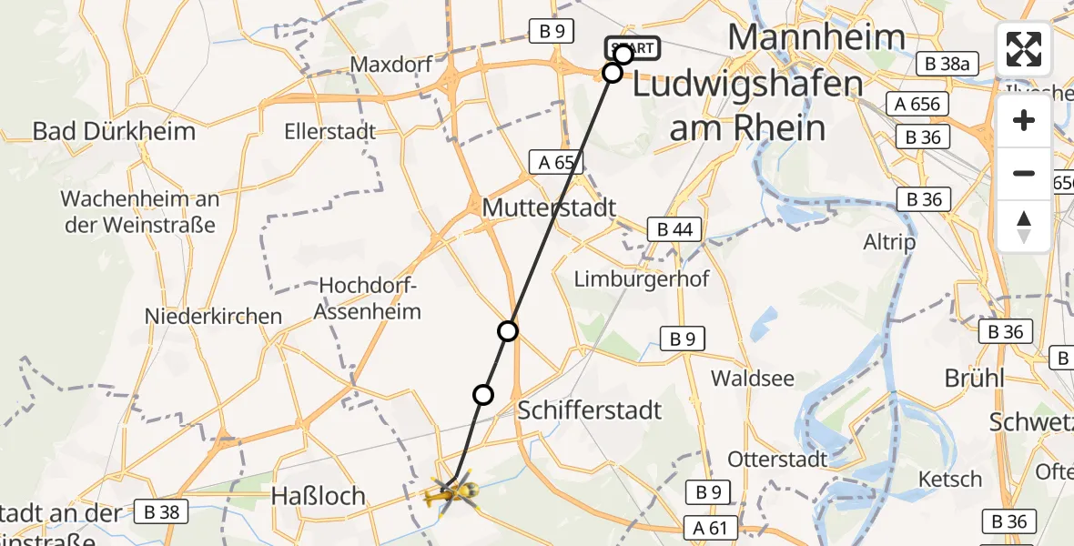 Flugroute Rettungshubschrauber Ludwigshafen Accident Hospital - Böhl-Iggelheim, 10 August 2026, 15:44